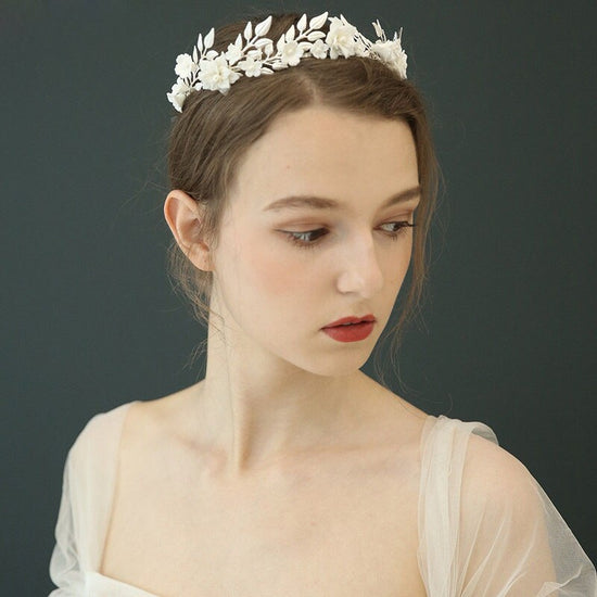 Beaded Ceramic Flower Wedding Tiara Bridal Princess Party Crown Hair Accessory