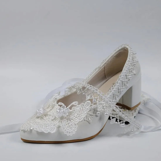 White Flower Party Heeled Pumps Ladies Wedding Shoes