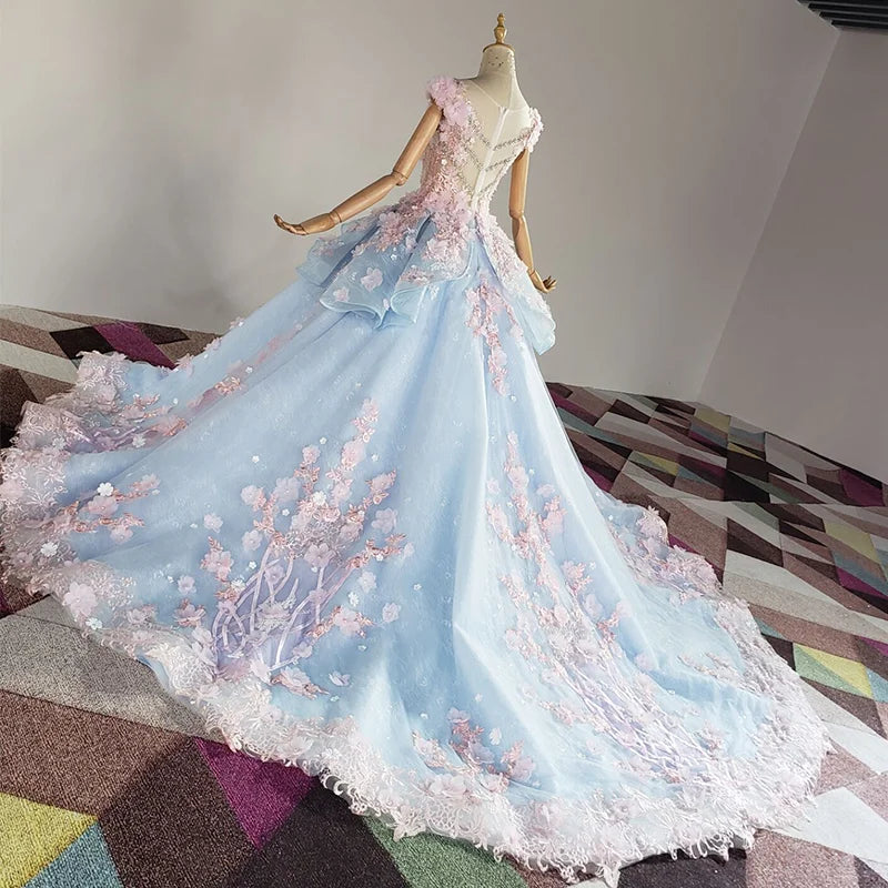 
                      
                        Pink Flowers Evening Dress Beaded Quinceanera Party Ball Gown
                      
                    