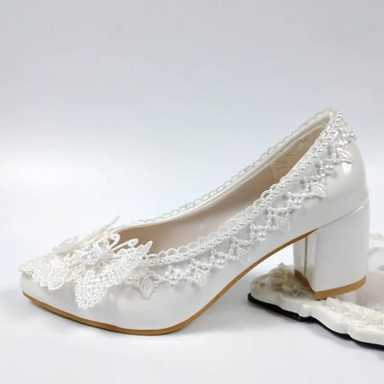 White Flower Party Heeled Pumps Ladies Wedding Shoes