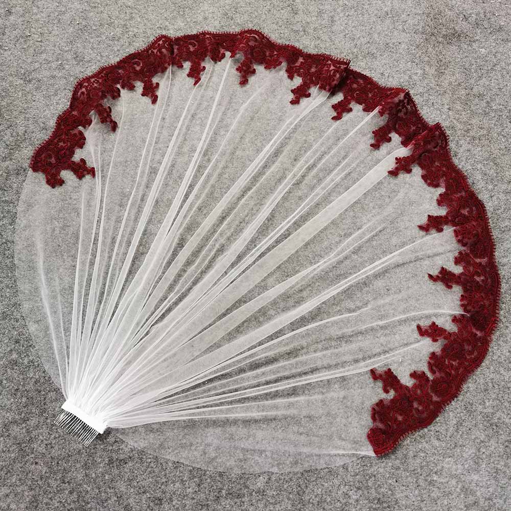 Dark Burgundy Lace White Ivory Tulle Short Wedding Veil One Layer Bridal Veil with Comb