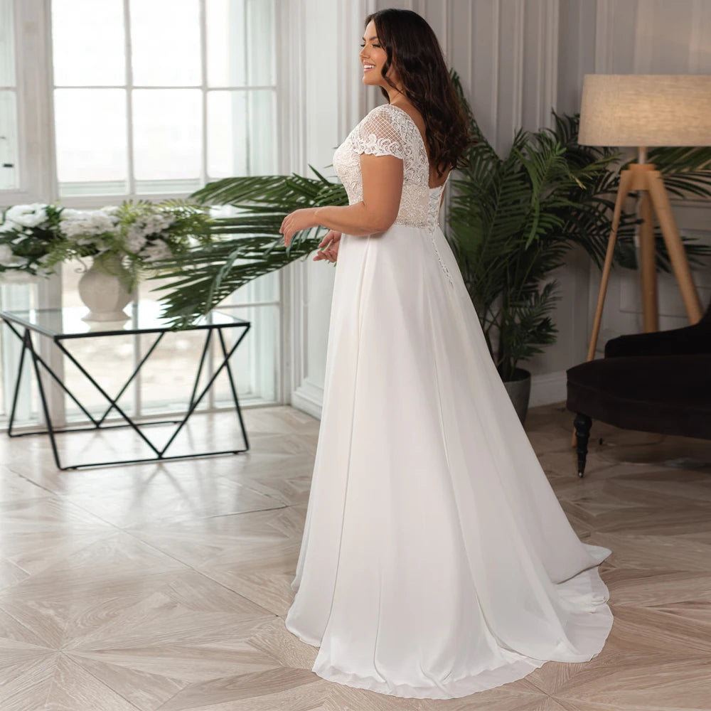 Lace Chiffon Pleat V-Neck Lace Up Plus Size A-Line Bridal Wedding Gown