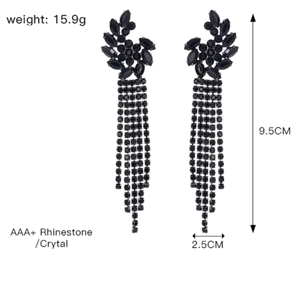 Black Rhinestone Crystal Tassel Earrings for Women Crystal Ear Flower