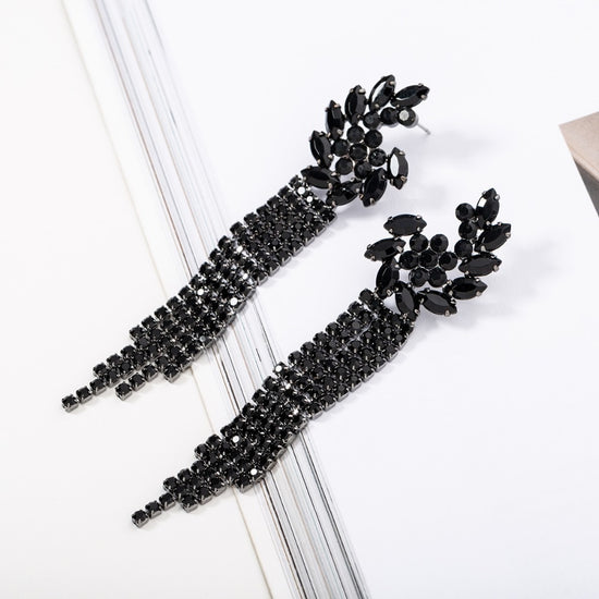 Black Rhinestone Crystal Tassel Earrings for Women Crystal Ear Flower
