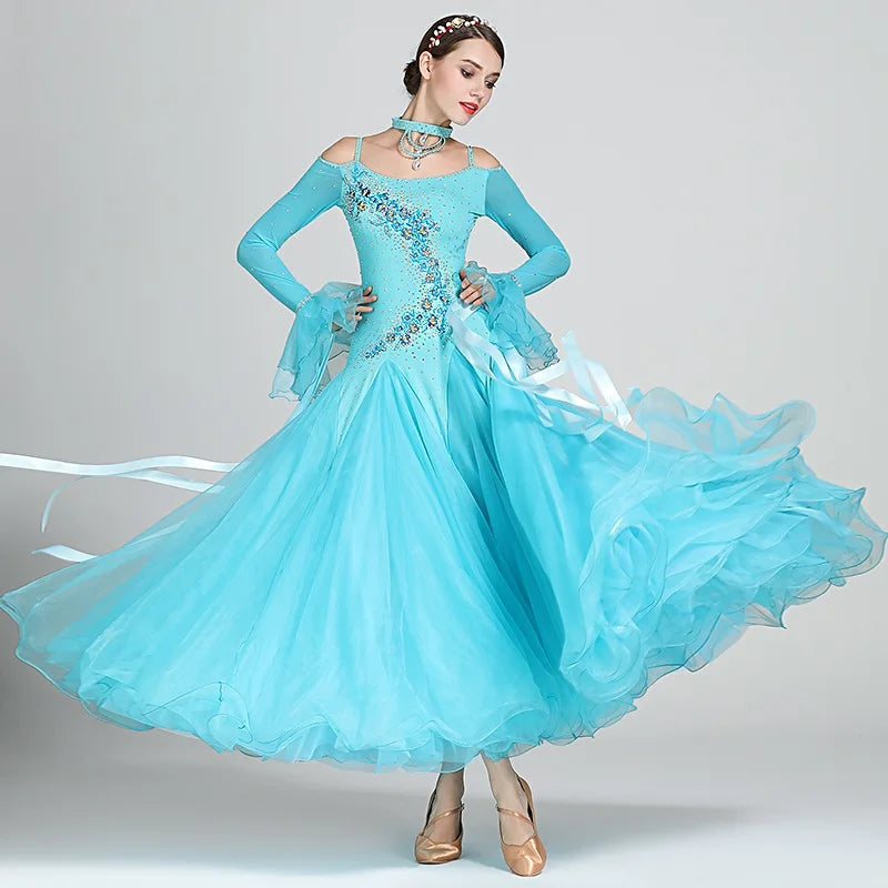 Off Shoulder Ribbon Ballroom Dance Dresses Competition Costumes