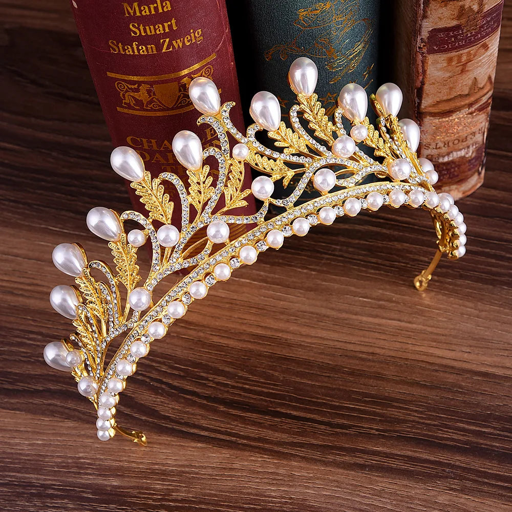 Pearl Crystal Leaf Wedding Bridal Tiara Crown  Jewelry