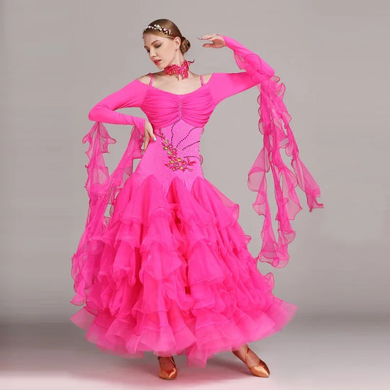Ruffled Level Hemline Rhinestones Ballroom Dance Competition Costume Dresses For Women