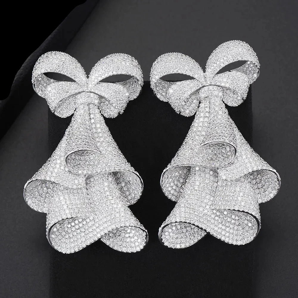 Bowknot Cubic Zirconia Statement Long Dangle Earrings For Women