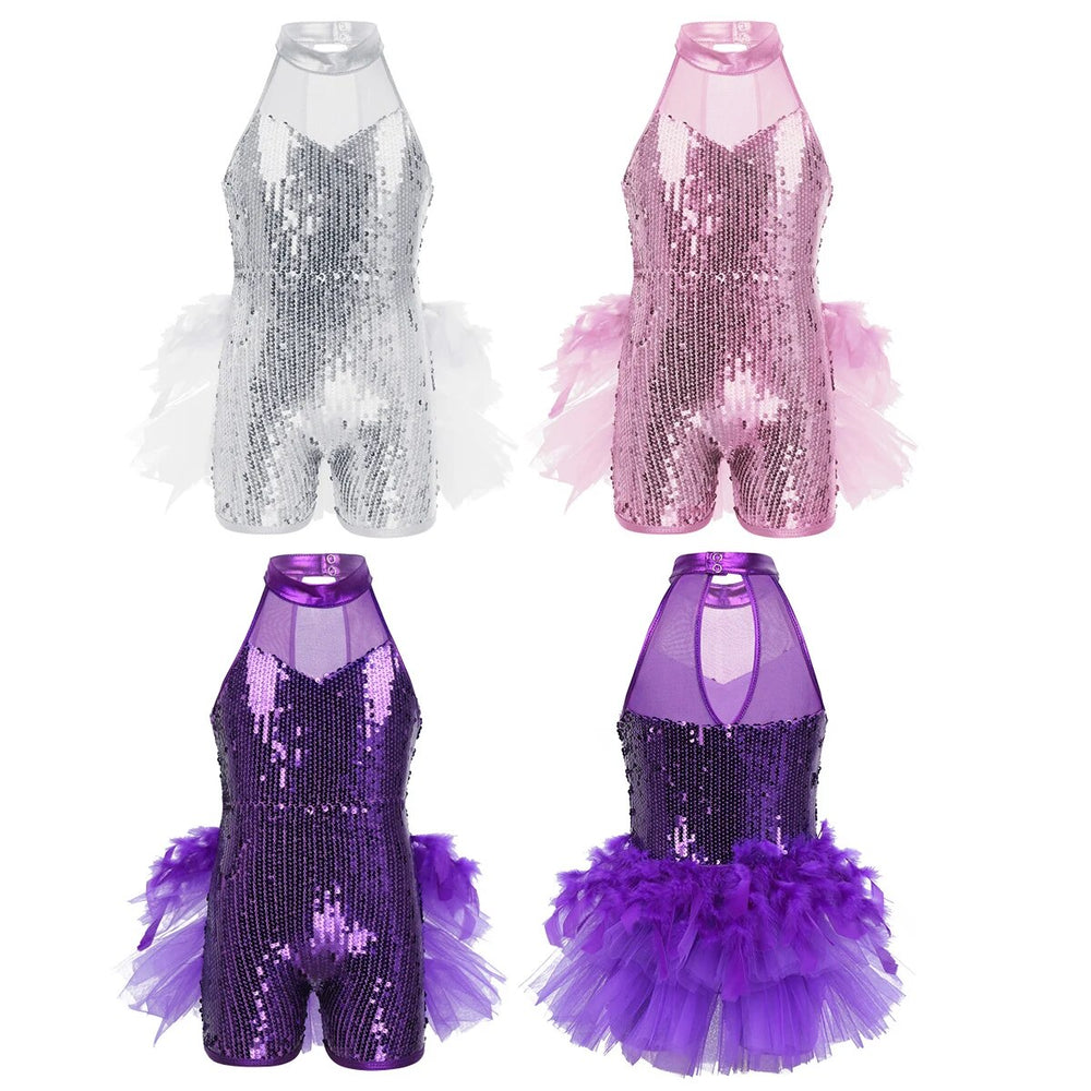 Girls Sequined Jazz Latin Ballet Dance Costume Leotard Jumpsuit