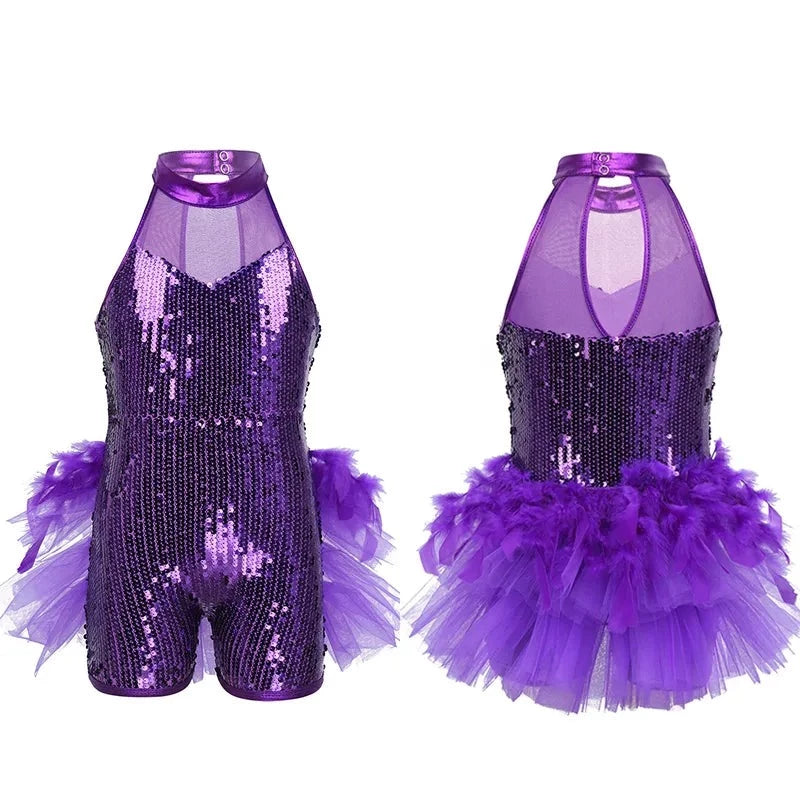 Girls Sequined Jazz Latin Ballet Dance Costume Leotard Jumpsuit