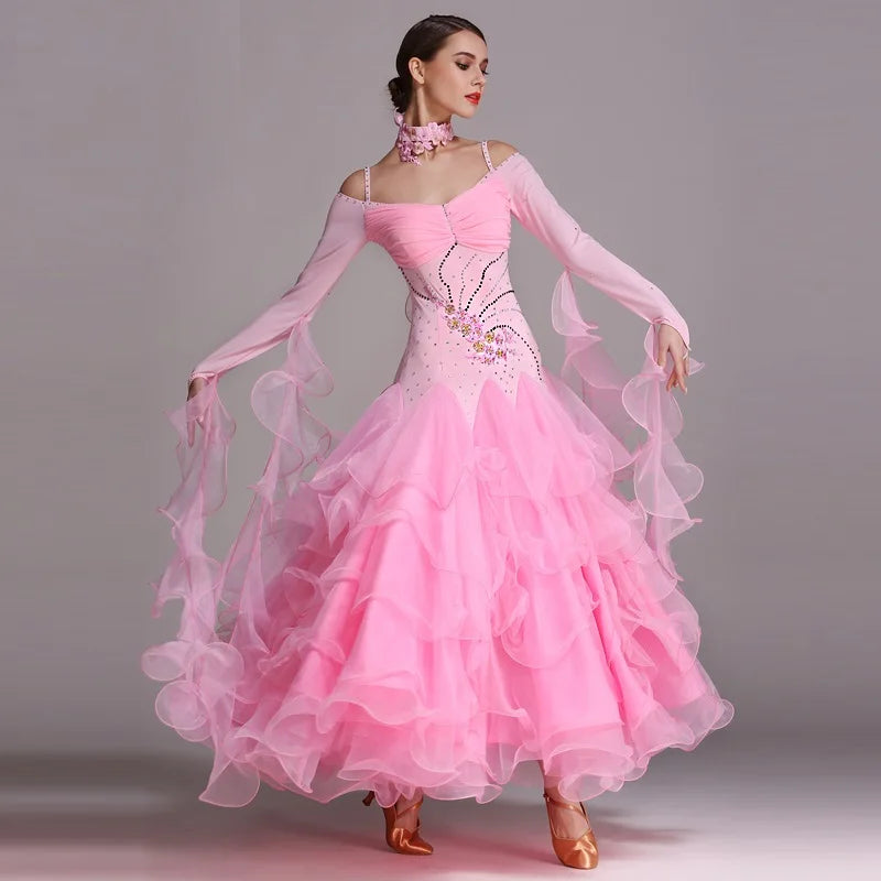 
                      
                        Ruffled Level Hemline Rhinestones Ballroom Dance Competition Costume Dresses For Women
                      
                    