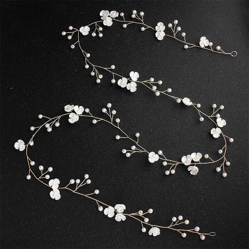 White Flower Pearls Handmade Long Hair Vine Wedding Bridal Hair Acccessory