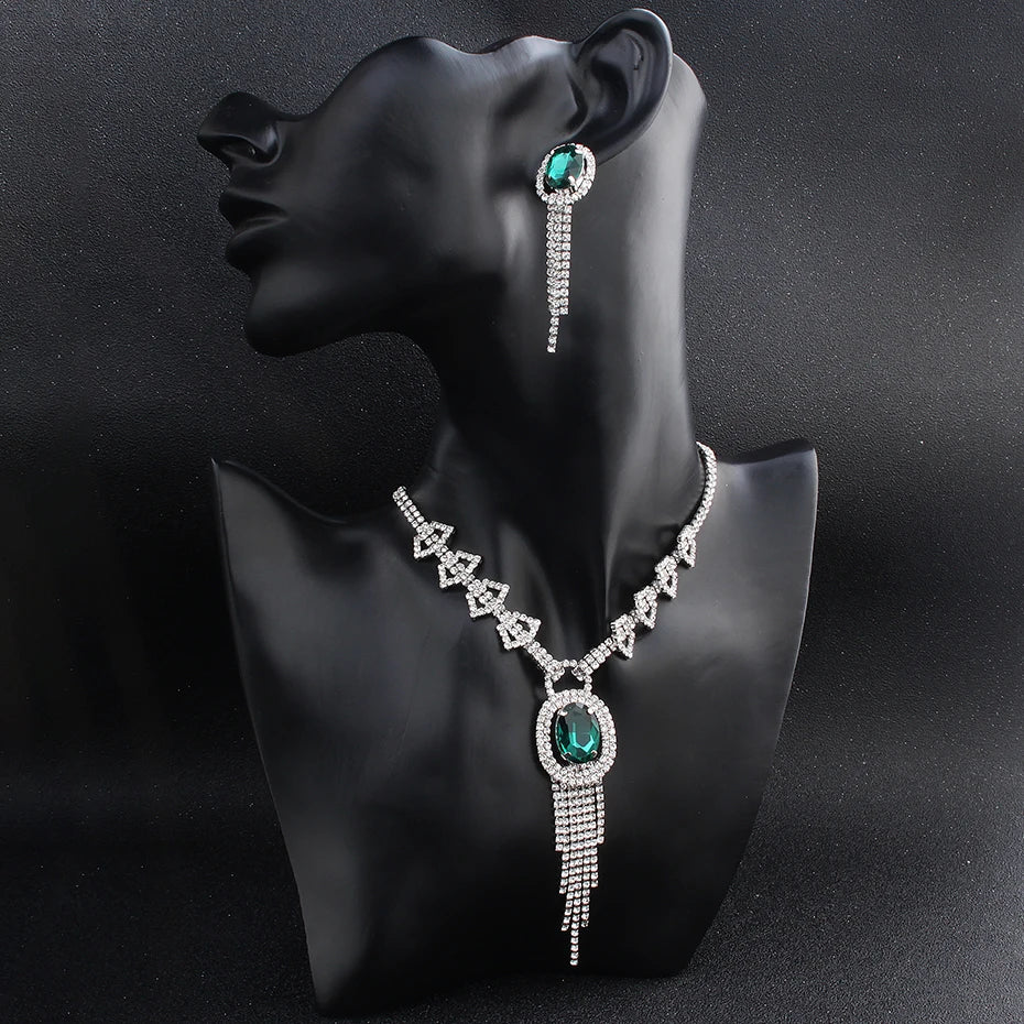 
                      
                        Fashion Green Crystal Zircon Stone Jewelry Set Tassel Necklace & Pendants Earrings
                      
                    