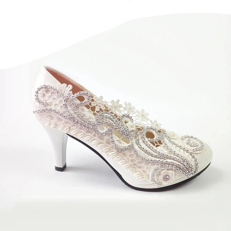 Round Toe White  Lace Wedding Shoes Bridal Pumps