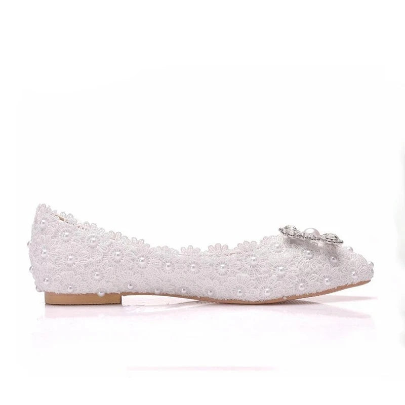 Lady's White Lace Bride's Wedding Flat-Soled Shoes