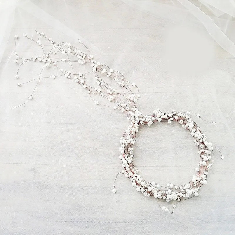 Handmade Crystal Pearl Long Tiara Bridal Wedding Headband Hair Vine