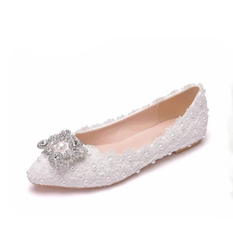 Lady's White Lace Bride's Wedding Flat-Soled Shoes