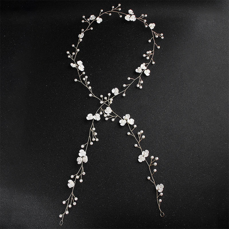 White Flower Pearls Handmade Long Hair Vine Wedding Bridal Hair Acccessory