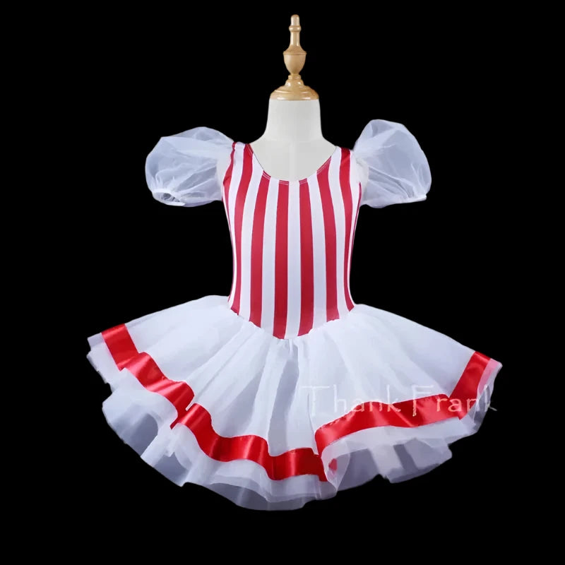 Puff Sleeve Stripe Ballet Tutu Dress Girls Dance Costume