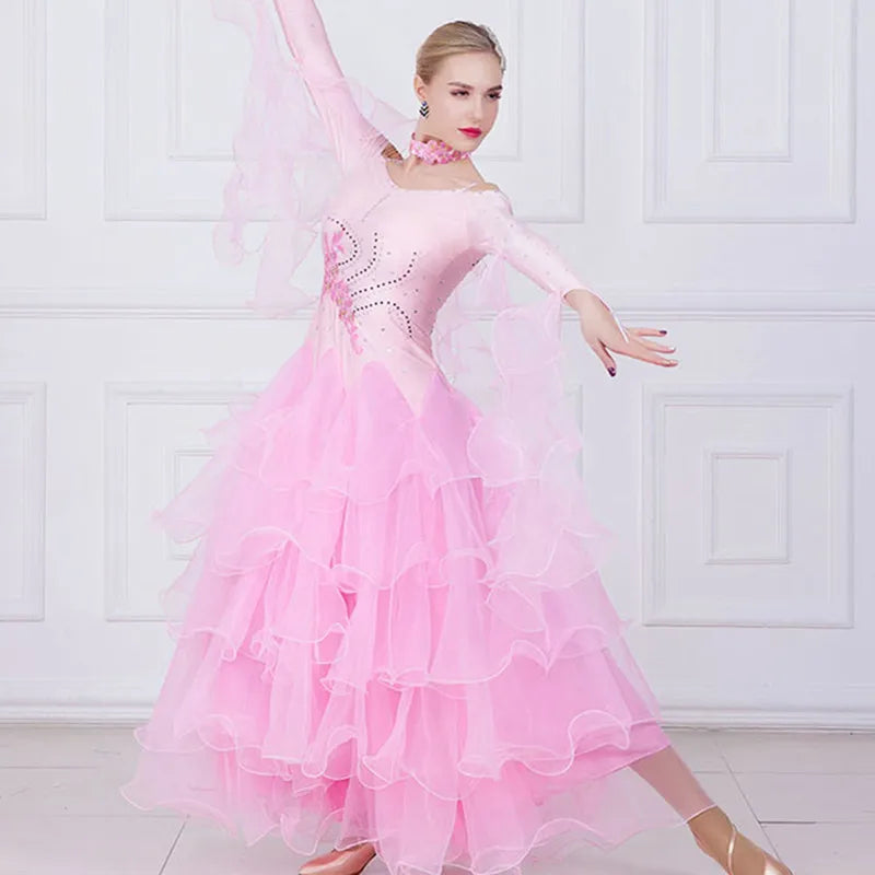 Mult Layer Off Shoulder Ballroom Dance Competition Dress Costumes