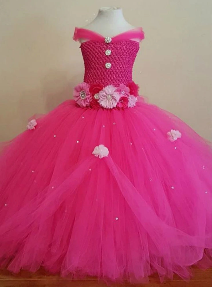 Beautiful Tulle Princess Tutu Dress Girls Ball Gown with Rhinestone 3D Flower Accents