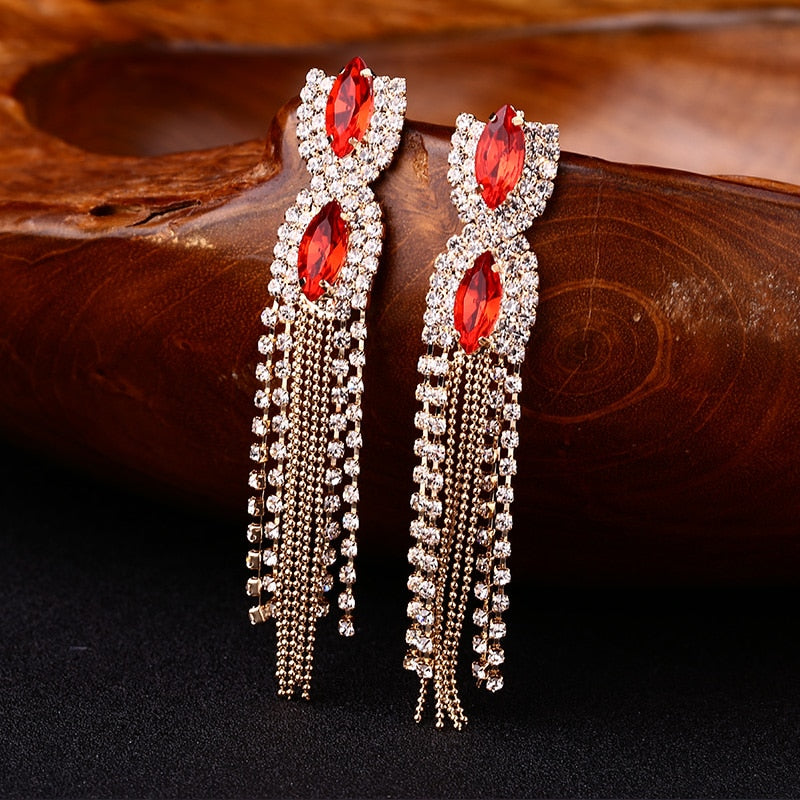 Gem Quality Austrian Tassel Design Long Formal Dress Ladies Evening Earrings