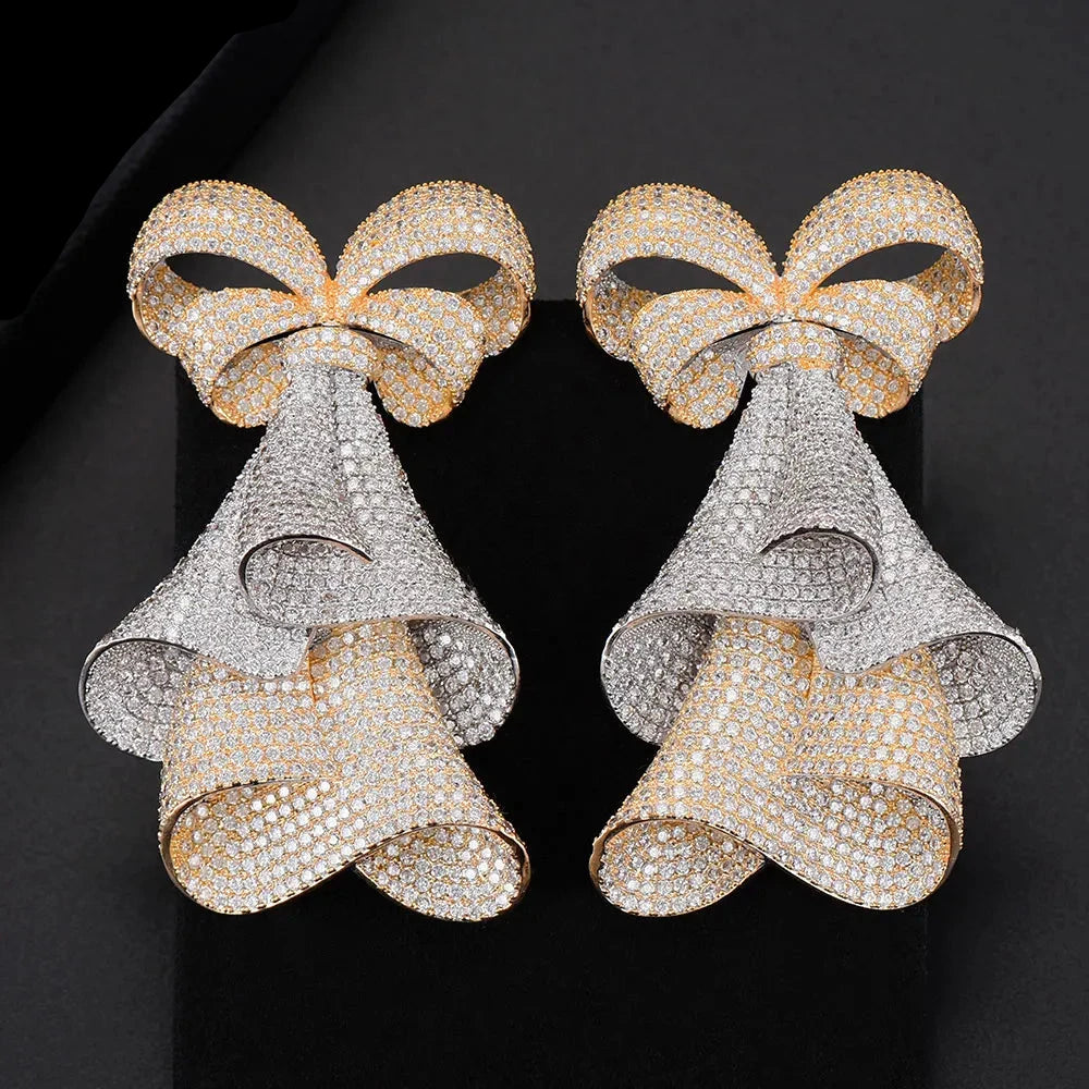 Bowknot Cubic Zirconia Statement Long Dangle Earrings For Women