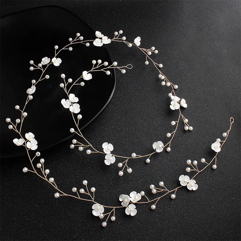 White Flower Pearls Handmade Long Hair Vine Wedding Bridal Hair Acccessory