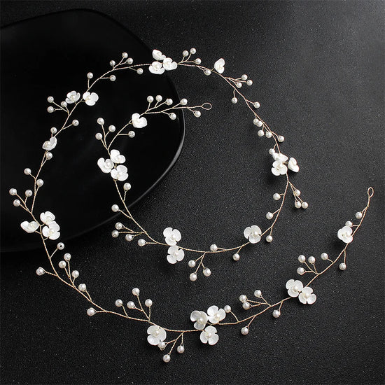 White Flower Pearls Handmade Long Hair Vine Wedding Bridal Hair Acccessory
