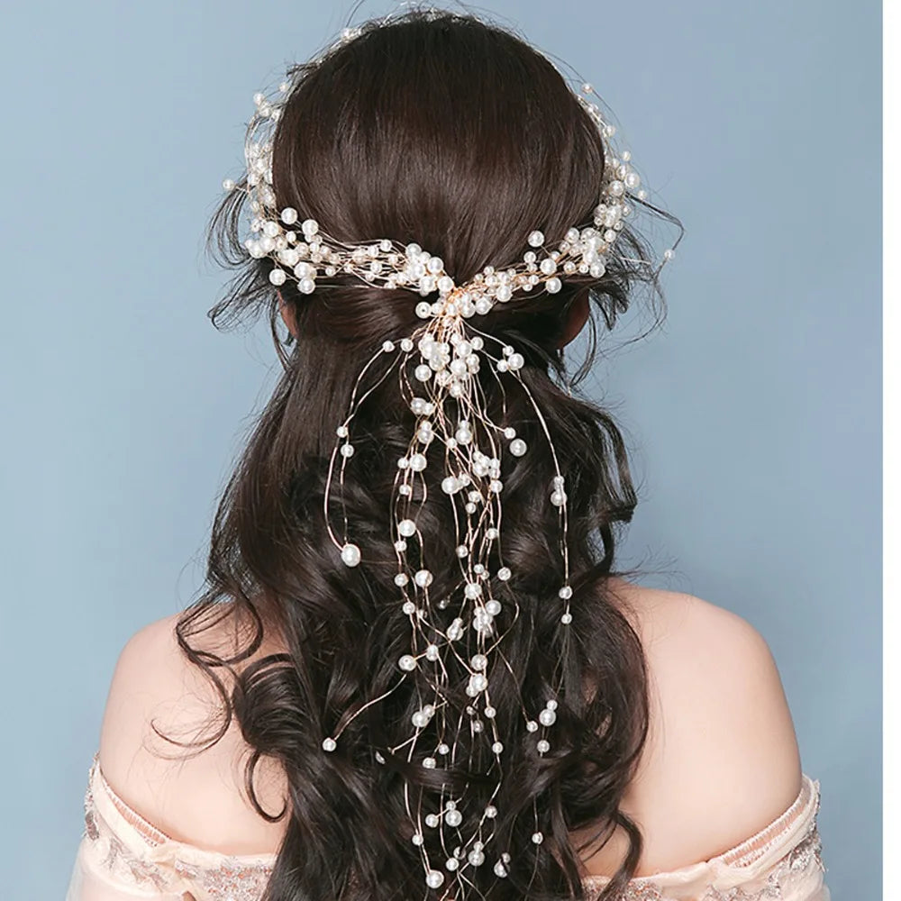 
                      
                        Handmade Crystal Pearl Long Tiara Bridal Wedding Headband Hair Vine
                      
                    