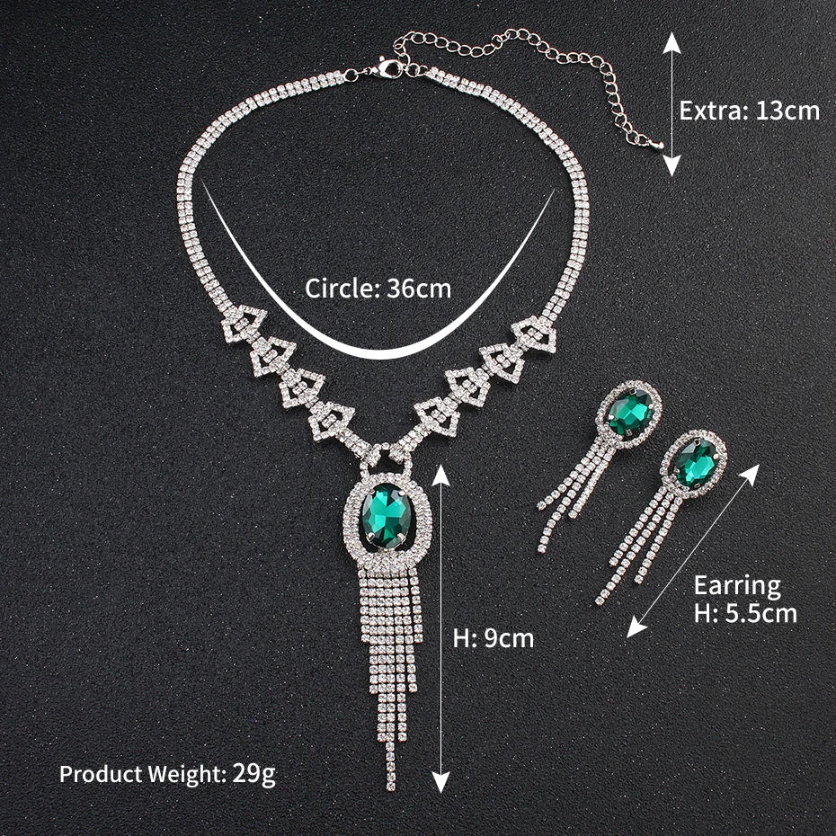 
                      
                        Fashion Green Crystal Zircon Stone Jewelry Set Tassel Necklace & Pendants Earrings
                      
                    