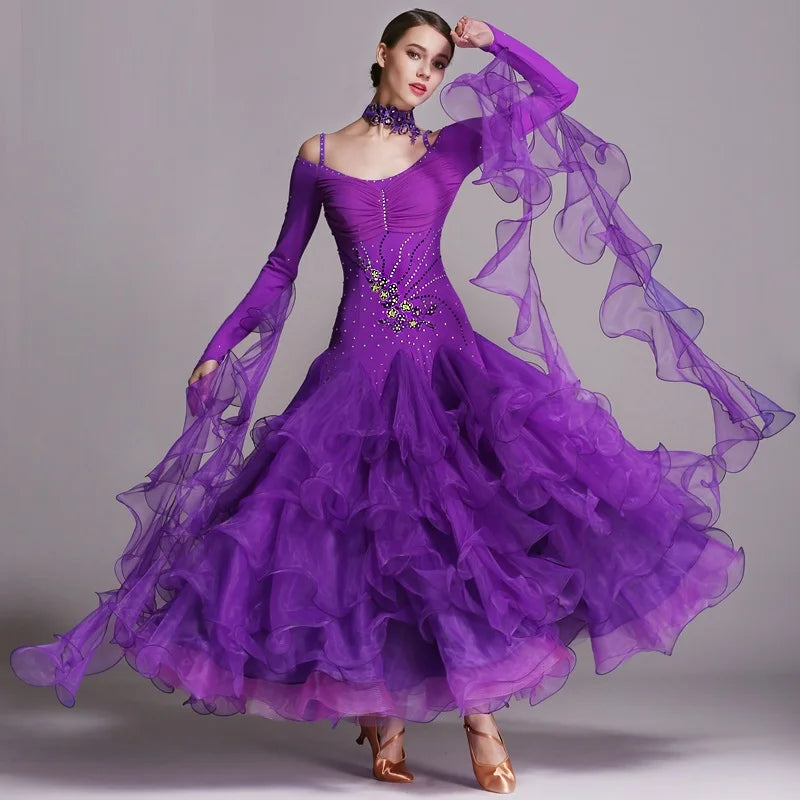 Ruffled Level Hemline Rhinestones Ballroom Dance Competition Costume Dresses For Women