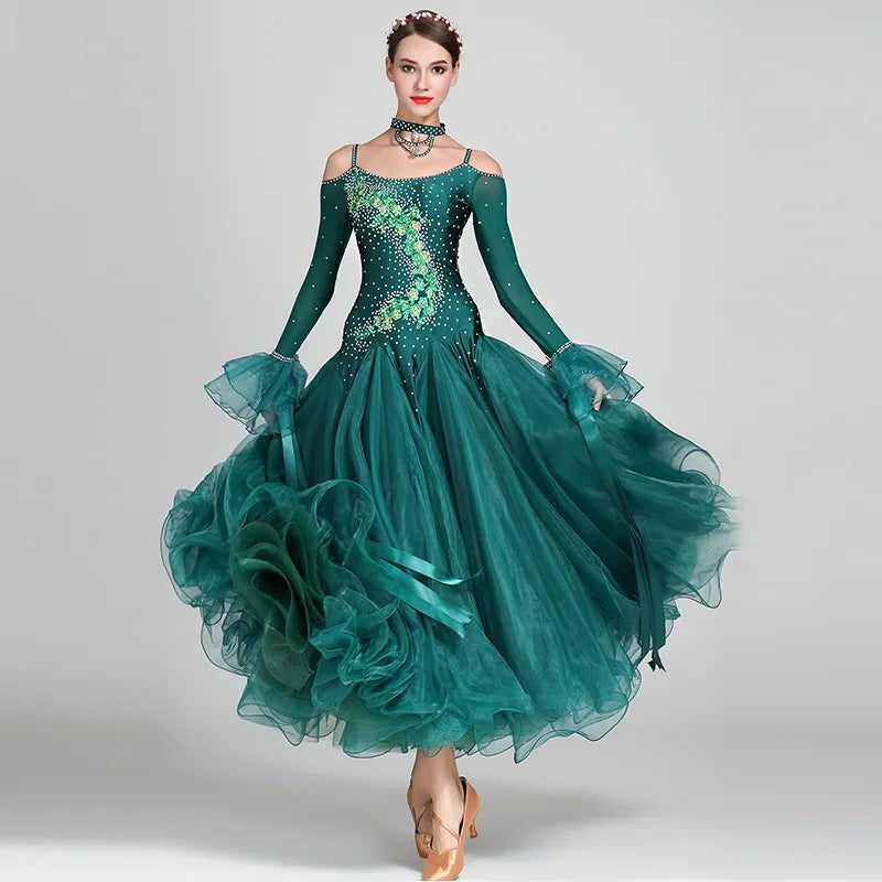 Off Shoulder Ribbon Ballroom Dance Dresses Competition Costumes