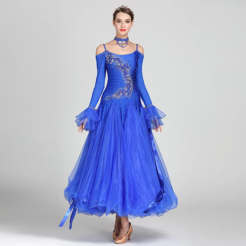 
                      
                        Off Shoulder Ribbon Ballroom Dance Dresses Competition Costumes
                      
                    