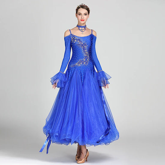 Off Shoulder Ribbon Ballroom Dance Dresses Competition Costumes