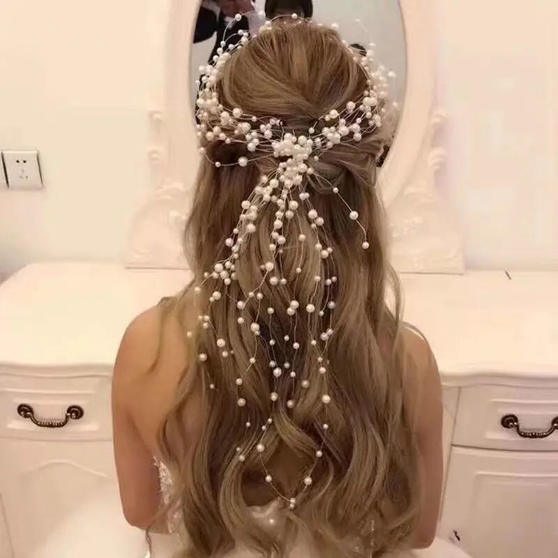 Handmade Crystal Pearl Long Tiara Bridal Wedding Headband Hair Vine