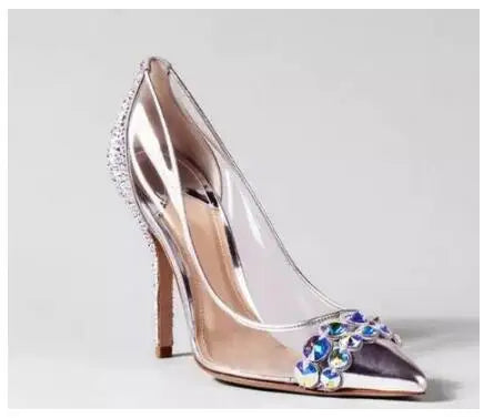 Shining Crystal Transparent Pumps Pointed Toe Rhinestone Wedding Shoes