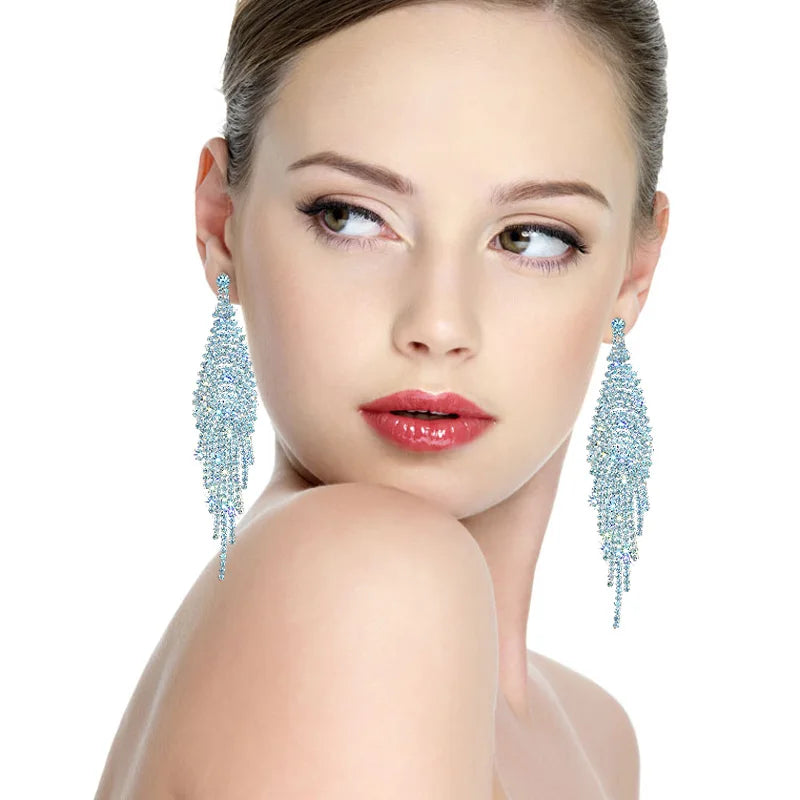 Fashion Women Luxury  Rhinestone Chandelier Long Tassel Earrings