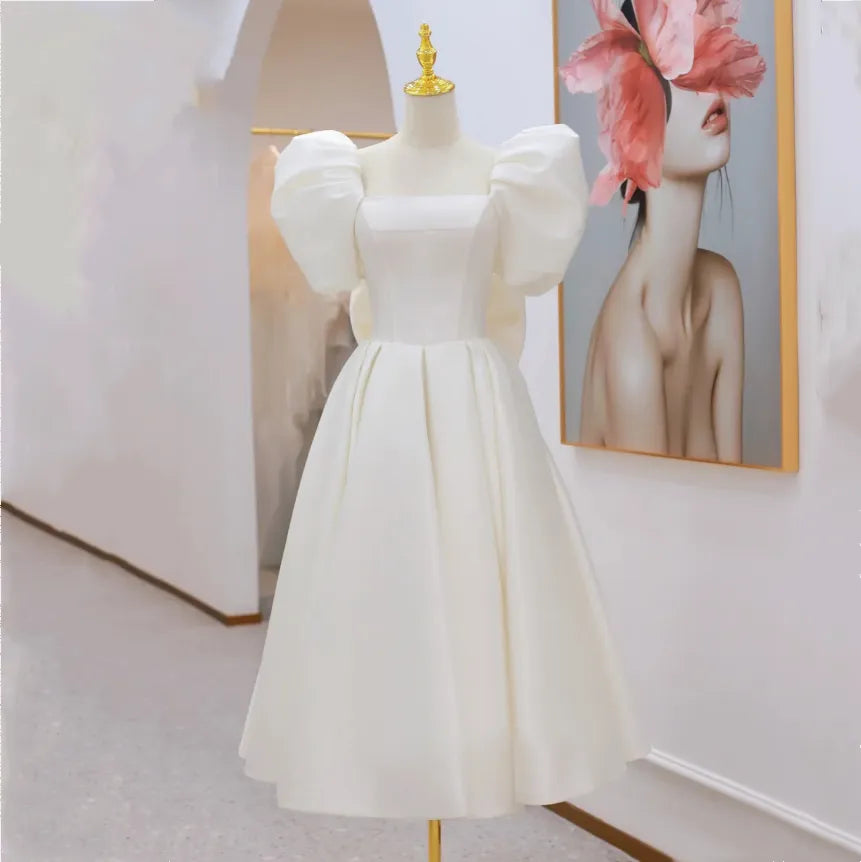 Simple Satin Wedding Dress Tea length Puffy Sleeves With Big Bow