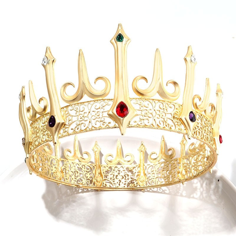 Baroque Golden Large Crystal Big Round Royal King Crown Party Accessory