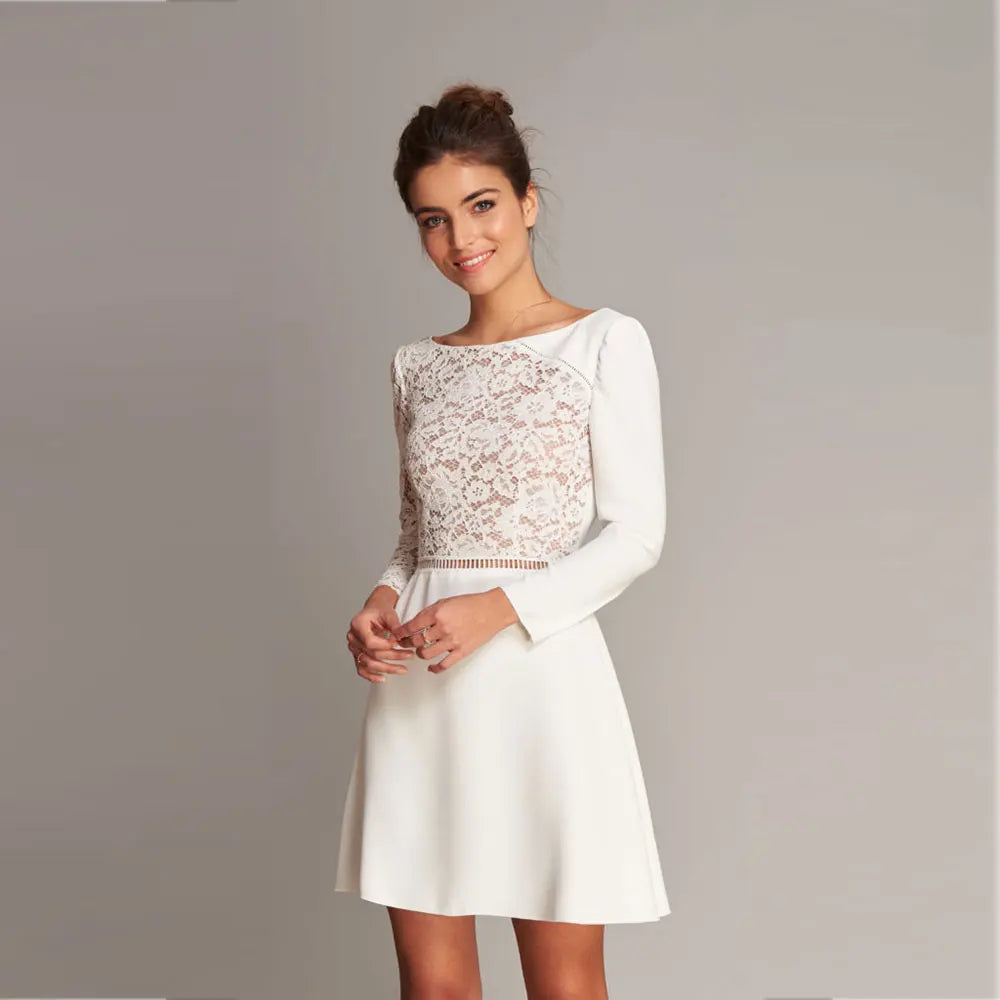 Elegant Short Wedding Dress Scoop Neck Long Sleeve Lace And Satin Bridal Gown