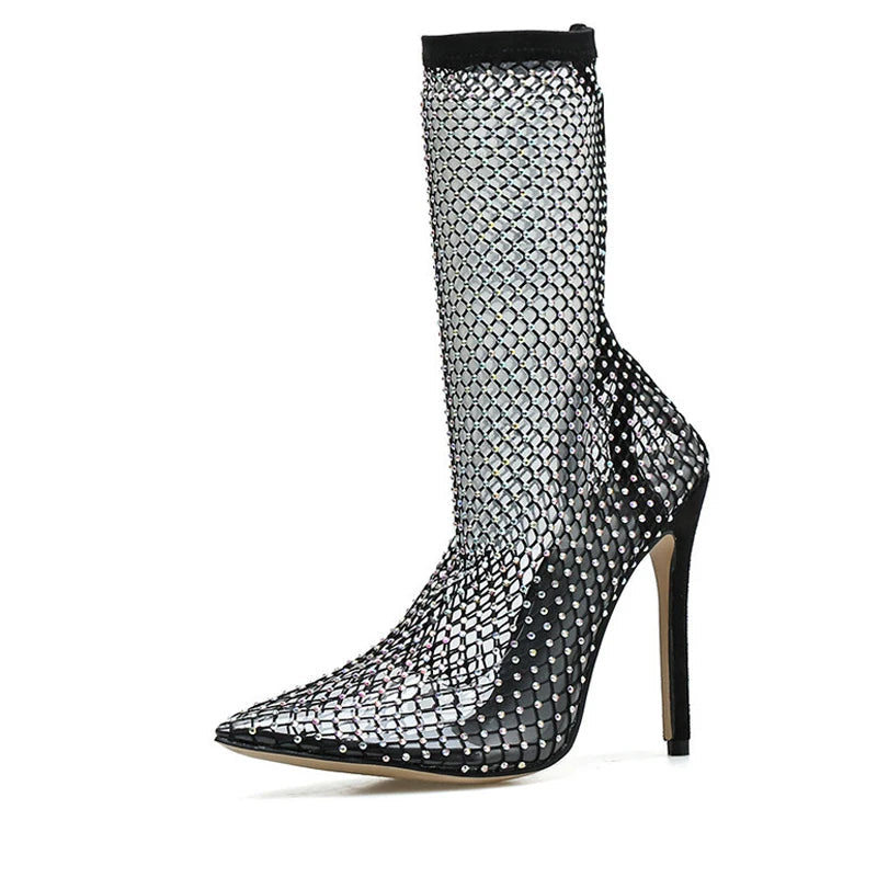 
                      
                        Crystal Rhinestone Mesh Stretch Fabric Sock Boots Fashion Transparent High Heels
                      
                    