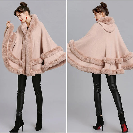 Double Layer Luxury Imitation Rabbit Fur Cape Coat Hooded Shawl Winter Women Poncho