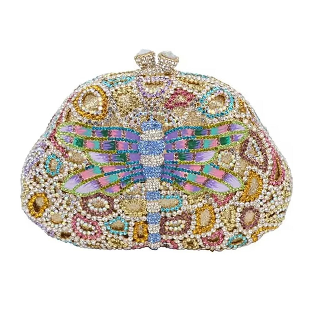 colorful crystal beaded dragonfly mini clutch purse with top hasp clasp 