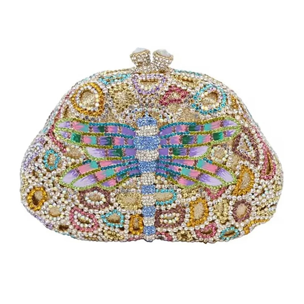 colorful crystal beaded dragonfly mini clutch purse with top hasp clasp 