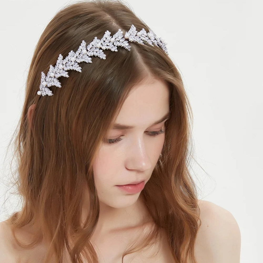 Zirconia Pearl Wedding Headband Leaf Headpieces CZ Bridal Hairband Jewelry Accessories