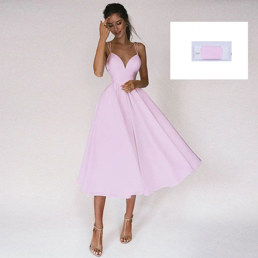 
                      
                        Tea Wedding Dress  Criss Cross Back Satin Bridal Dresses A Line Gown
                      
                    