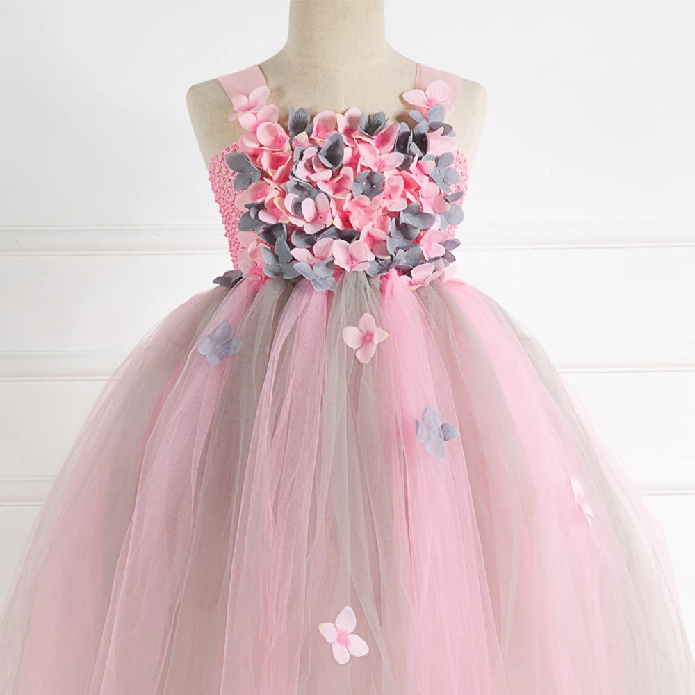 Girls Princess Pink Flower Petal Long Birthday Fashion Dress