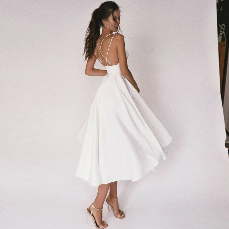 Tea Wedding Dress  Criss Cross Back Satin Bridal Dresses A Line Gown