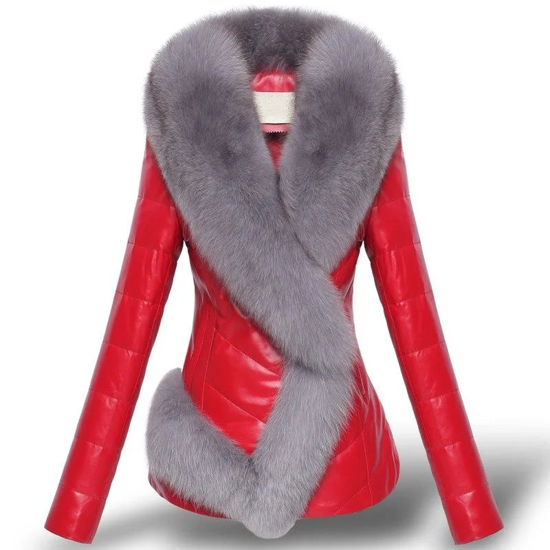 
                      
                        Fashion Faux Fur Faux Leather Jacket Short Faux Fox Fur Collar Winter Coat
                      
                    